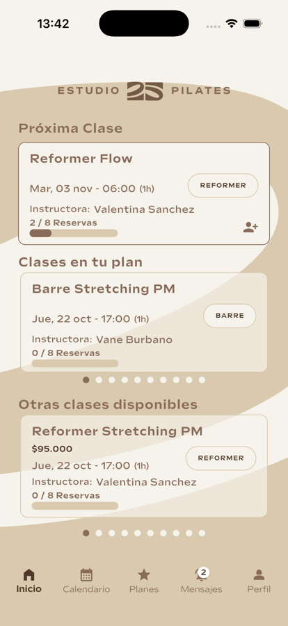 Pantalla de la app Estudio 25 Pilates
