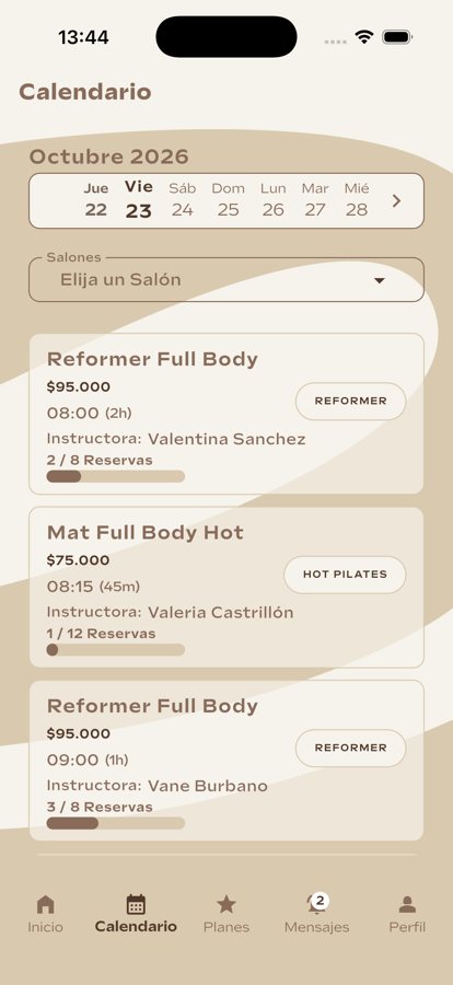 Pantalla de reservas en la app